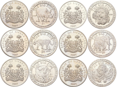 Сьерра-Леоне полный набор из 6 монет (1 доллар) 2001 Большая африканская пятерка - Носорог, Лев, Леопард, Слон и Африканский буйвол KM 222, 225, 228, 231, 234 и 237 медно-никель BU M21-21