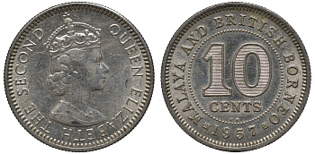 Малайя и Британское Борнео 10 центов 1957 KN, Елизавета II (1952-2022) KM 2 медно-никель 192-869