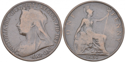 Великобритания 1 пенни 1897 Виктория (1837-1901) KM 790, Spink 3961 бронза 69-141