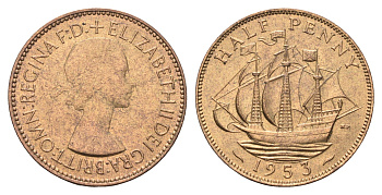 Великобритания 1/2 пенни 1953 Елизавета II (1952-2022) KM 882, Spink 4155 бронза 4660-633