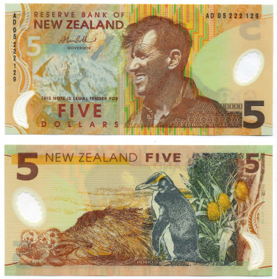 НОВАЯ ЗЕЛАНДИЯ 5 ДОЛЛАРОВ 2005 СЕРИЯ АD, ЭДМУНД ХИЛЛАРИ (1919-2008), ЖЕЛТОГЛАЗЫЙ ПИНГВИН (HOIHO), ПОДПИСЬ ALAN BOLLARD Pick 185b пластик UNC (ПРЕСС) 8611-44-3