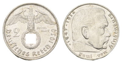 Германия 2 рейхсмарки 1939 A, Пауль фон Гинденбург (1847-1934) KM 93, J. 366 серебро 4681-1126