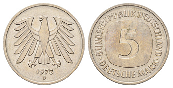 ФРГ 5 марок 1975 D КМ 140.1, J. 415 медно-никель плакированный никелем 4645-144