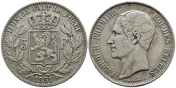 Бельгия 5 франков 1851 Леопольд I (1831-1865) KM 17 серебро 00-1067-4-12