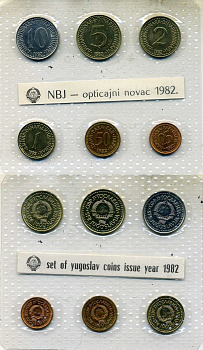 Югославия годовой набор из 6 монет (25 и 50 пара; 1, 2, 5 и 10 динаров) 1982 в запайке KM 84, 85, 86, 87, 88 и 89 UNC 4-3-2-33