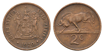 ЮАР 2 цента 1970 герб, антилопа гну KM 83 бронза 4605-436