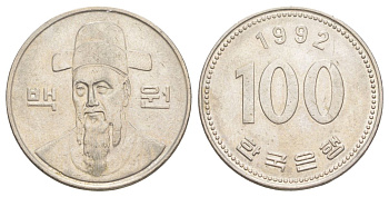 Южная Корея 100 вон 1992 Ли-Сунсин, корейский флотоводец KM 35 медно-никель 4629-716