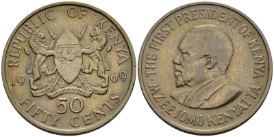 Кения 50 центов 1969 Джомо Кениата KM 13 медно-никель 3457-952