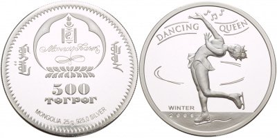 Монголия 500 тугриков 2006 танцующая королева, фигурное катание, алмаз серебро PROOF 1088-3-61