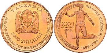 Танзания 2000 шиллингов 1996 XXVI Олимпийские игры 1996 года в Атланте, 100 лет Олимпейскому движению, бегун на финише, пробник, рубчатный гурт медь PROOF 04-323-21