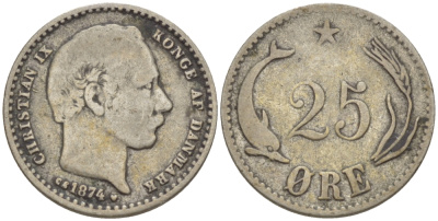 Дания 25 эре 1874 H-CS, Кристиан IX (1863-1906) KM 796.1 серебро 1527-641