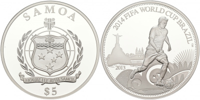 Самоа 5 тала 2013 FIFA, Чемпионат мира по футболу в Бразилии 2014 KM NEW серебро PROOF 11-056-32