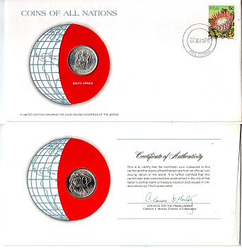ЮАР 20 центов 1978 конверт с маркой первого дня гашения, Coins of Nations KM 86 никель UNC 4294-47-2