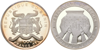Бенин 1000 франков 1992 спасите страну, пять рук держат сосуд KM 1 серебро  PROOF  11-143-21