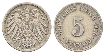 Германия 5 пфеннигов 1908 A KM 11, J. 12 медно-никель 4701-1041