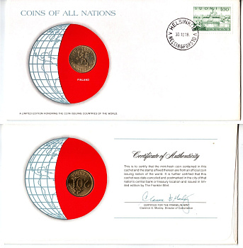 Финляндия 20 пенни 1978 конверт с маркой первого дня гашения, Coins of Nations KM 47 алюминиевая бронза UNC 4295-2-2