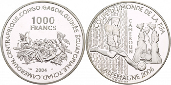 Центральная Африка (BEAC) 1000 франков 2004 чемпионат мира по футболу в Германии FIFA Камерун, 2006 KM 23 серебро PROOF 1088-5-64