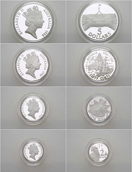 Австралия набор из 4 монет 1988 50 центов, 1, 2, 5 долларов, в оригинальной коробке, с сертификатом KM PS 56 (99а, 100а, 101а, 102а) серебро PROOF 7-5-1-19