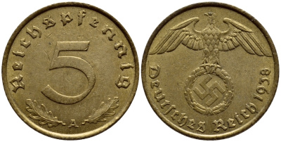 ГЕРМАНИЯ 5 РЕЙХСПФЕННИГОВ 1938 A, КМ 91, J.363 алюминиевая бронза 4387-864