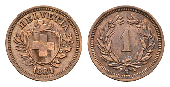 Швейцария 1 раппен 1884 B KM 3.1 бронза 1530-1324