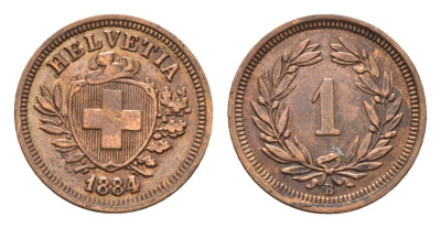 Швейцария 1 раппен 1884 B KM 3.1 бронза 1530-1324