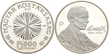 Венгрия 5000 форинтов 2006 125 лет со дня рождения Бела Бартока, композитор KM 791 серебро  PROOF 11-345-13