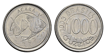 Бразилия 1000 крузейро 1993 реформа 1990-1993, рыбка Акара KM 626 нержавеющая сталь UNC 4154-758