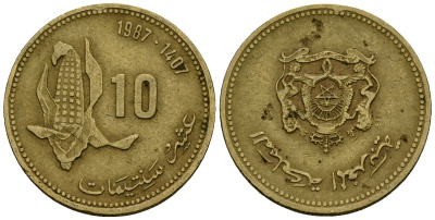 Марокко 10 сантимов 1987 Хасан II KM 84 медь алюминий цинк 4167-233