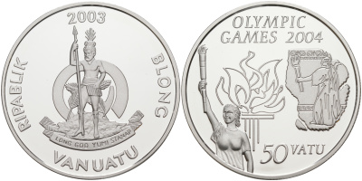 Вануату 50 вату 2003 XVIII Олимпийские игры 1996 года в Афинах, олимпийский огонь серебро PROOF 1074-9-22