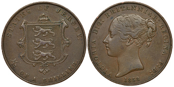 Джерси 1/13 шиллинга 1858 Виктория (1837-1901), большой формат KM 3 медь 650-233