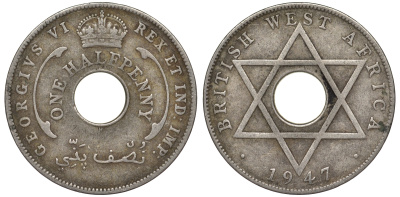 Британская Западная Африка 1/2 пенни 1947 H, Георг VI KM 18 медно-никель 25-1512