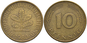 ФРГ 10 пфеннигов 1980 J KM 108, J. 383 сталь плакированная латунью 4681-1146