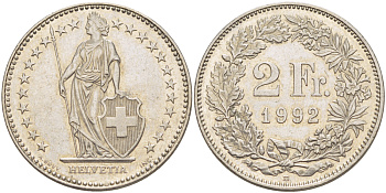 Швейцария 2 франка 1992 В KM 21а.3 медно-никель 4683-722