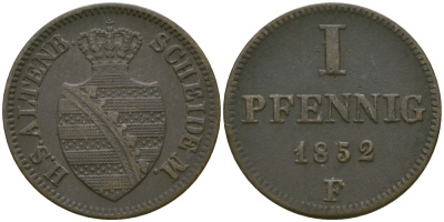Саксен-Альтенбург 1 пфенниг 1852 F, Георг Саксен-Альтенбургский (1848-1853) KM 11, AKS 60, J. 109 медь    99-625