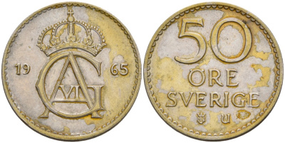 Швеция 50 эре 1965 U, Густав VI Адольф (1950-1973) KM 837 медно-никель 4380-556