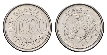Бразилия 1000 крузейро 1993 KM 626 нержавеющая сталь 4679-945