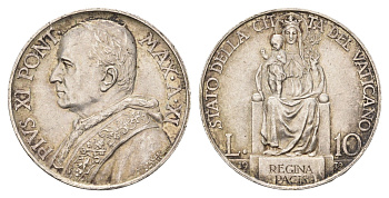 Ватикан 10 лир 1932 KM 8 серебро aUNC 441-1441