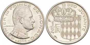 Монако 1/2 франка 1965 Ренье III (1949-2005) KM 145 никель 73-233