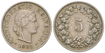Швейцария 5 раппенов 1885 B KM 26 медно-никель 4158-459
