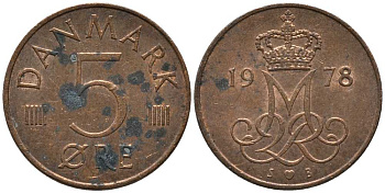 ДАНИЯ 5 ЭРЕ 1978 S; B, МАРГРЕТЕ II (1972-) KM 859.1 железо плакированное медью 116-155