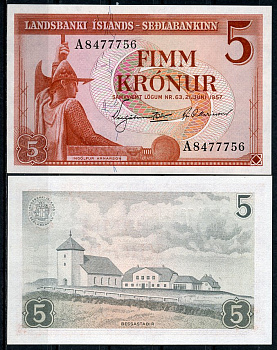 Исландия 5 крон 1957 Ингольф Арнарсон, Бессастадир, белая бумага Pick 37 b  бумага  UNC (пресс) 450-23-2