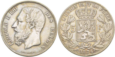 Бельгия 5 франков 1874 Леопольд II (1865-1909) KM 24 серебро 4184-632