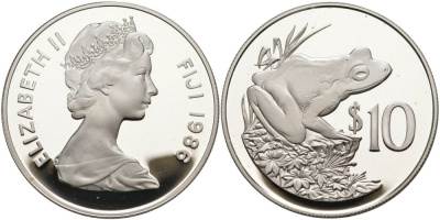 Фиджи 10 долларов 1986 серия 25 лет защиты окружающей среды, фиджийская земляная лягушка KM 55 серебро PROOF 00-00
