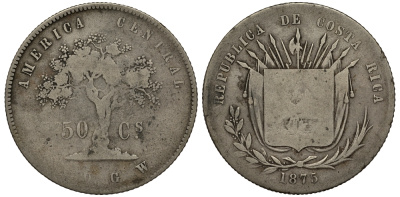 Коста-Рика 50 сентимо 1875 KM 112 серебро 272-632