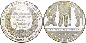 США 1 доллар 2010 W, американские ветераны-инвалиды KM 479 серебро PROOF 1078-9-33