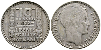 Франция 10 франков 1932 Пьер Тюрен KM 878, Le Franc 360.5 серебро 4683-1046