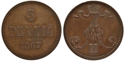 Россия для Финляндии 5 пенни 1867 Александр II Биткин 659 медь aUNC 00-000-00