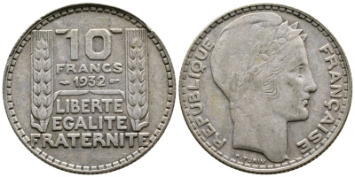 Франция 10 франков 1932 Пьер Тюрен KM 878, Le Franc 360.5 серебро 4683-1046