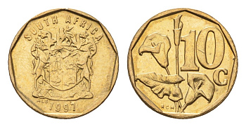 ЮАР 10 центов 1997 герб, цветок алоэ KM 161 сталь плакированная бронзой UNC 4694-738