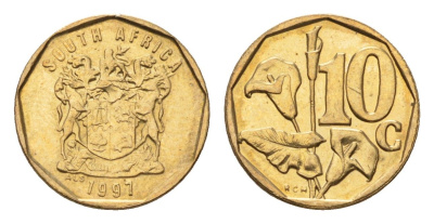 ЮАР 10 центов 1997 герб, цветок алоэ KM 161 сталь плакированная бронзой UNC 4694-738